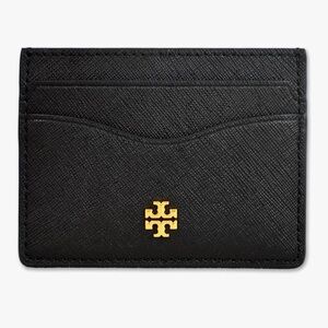 Tory Burch Saffiano Leather Emerson Black Gold Card Case Wallet